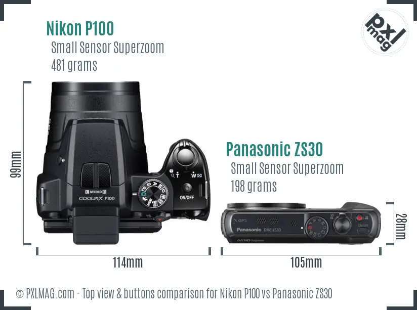 Nikon P100 vs Panasonic ZS30 top view buttons comparison Nikon P100 vs Panasonic ZS30 top view buttons comparison