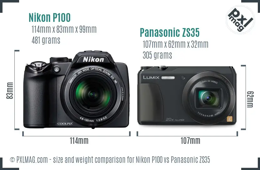 Nikon P100 vs Panasonic ZS35 size comparison Nikon P100 vs Panasonic ZS35 size comparison