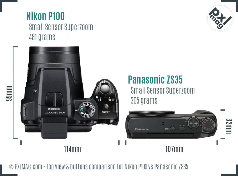 Nikon P100 vs Panasonic ZS35 top view buttons comparison Nikon P100 vs Panasonic ZS35 top view buttons comparison
