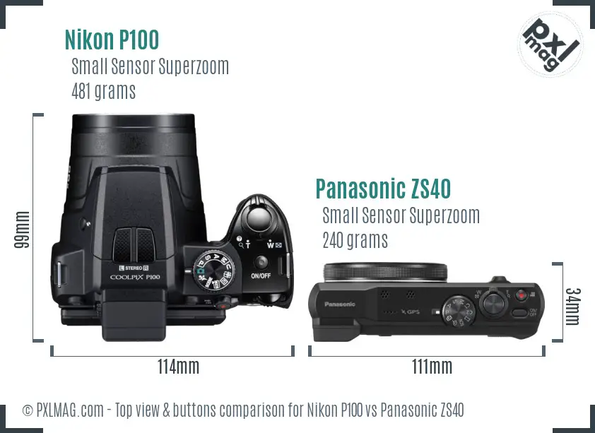 Nikon P100 vs Panasonic ZS40 top view buttons comparison Nikon P100 vs Panasonic ZS40 top view buttons comparison