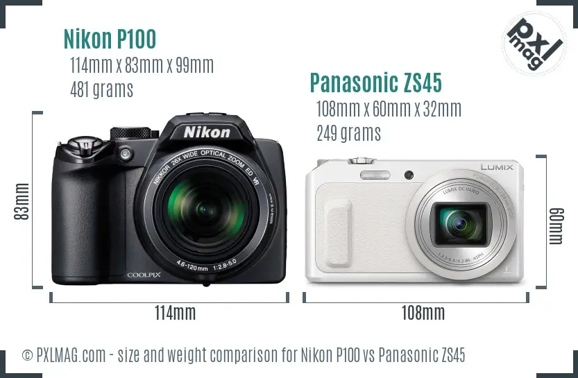 Nikon P100 vs Panasonic ZS45 size comparison