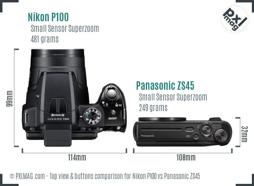 Nikon P100 vs Panasonic ZS45 top view buttons comparison