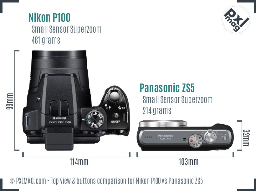 Nikon P100 vs Panasonic ZS5 top view buttons comparison