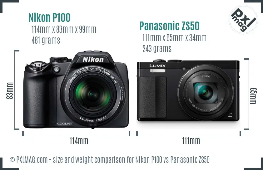 Nikon P100 vs Panasonic ZS50 size comparison