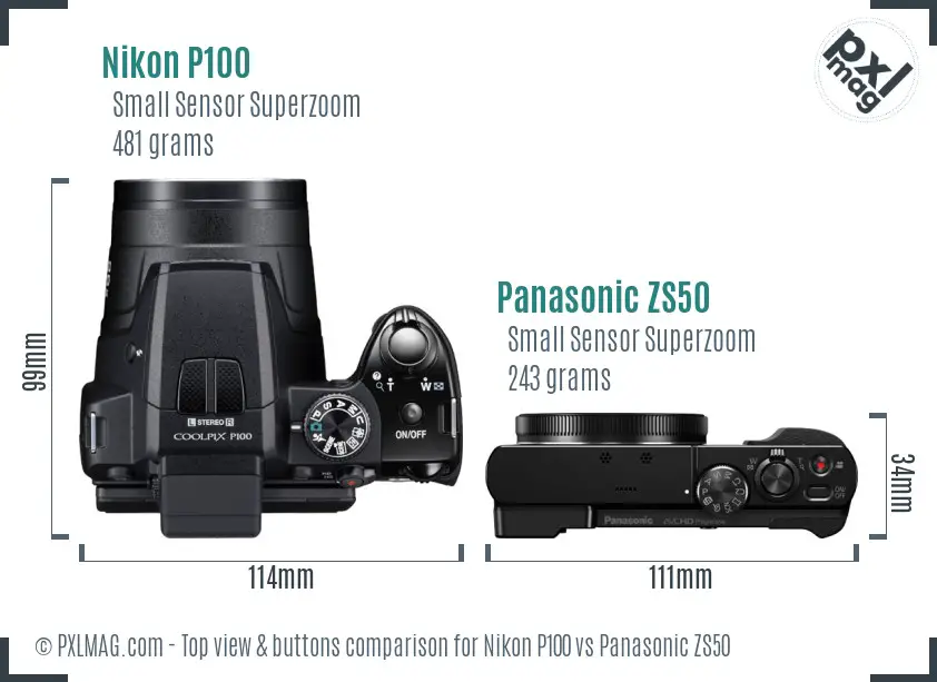 Nikon P100 vs Panasonic ZS50 top view buttons comparison