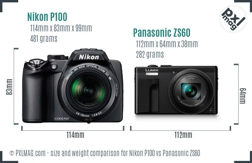 Nikon P100 vs Panasonic ZS60 size comparison