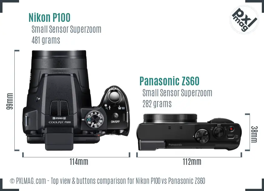 Nikon P100 vs Panasonic ZS60 top view buttons comparison