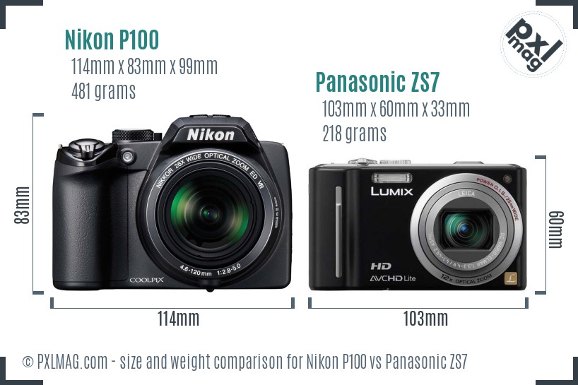 Nikon P100 vs Panasonic ZS7 size comparison