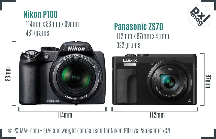Nikon P100 vs Panasonic ZS70 size comparison
