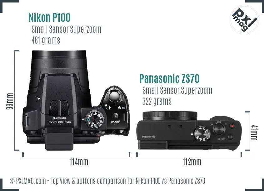 Nikon P100 vs Panasonic ZS70 top view buttons comparison