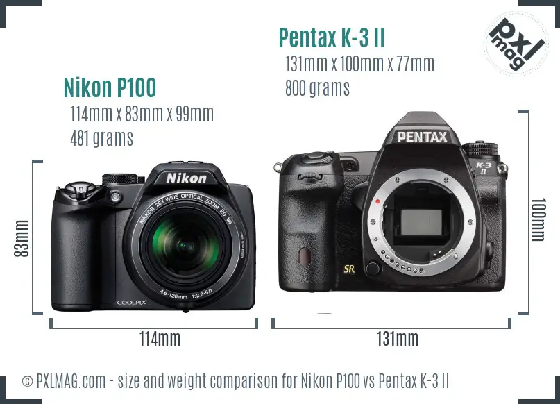 Nikon P100 vs Pentax K-3 II size comparison