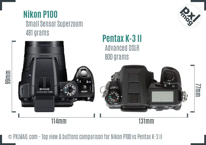 Nikon P100 vs Pentax K-3 II top view buttons comparison