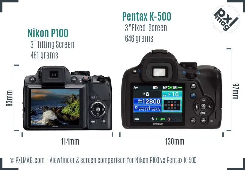 Nikon P100 vs Pentax K-500 Screen and Viewfinder comparison