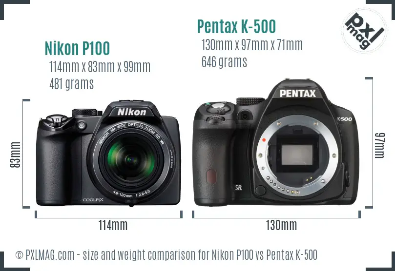 Nikon P100 vs Pentax K-500 size comparison