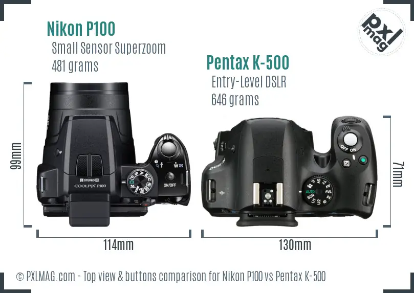 Nikon P100 vs Pentax K-500 top view buttons comparison