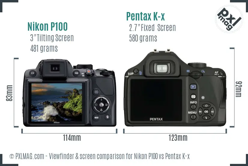 Nikon P100 vs Pentax K-x Screen and Viewfinder comparison Nikon P100 vs Pentax K-x Screen and Viewfinder comparison