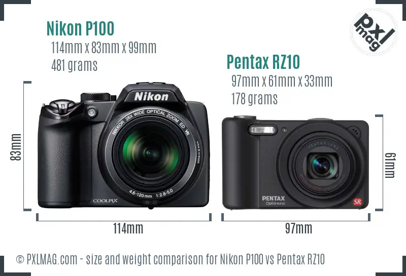 Nikon P100 vs Pentax RZ10 size comparison