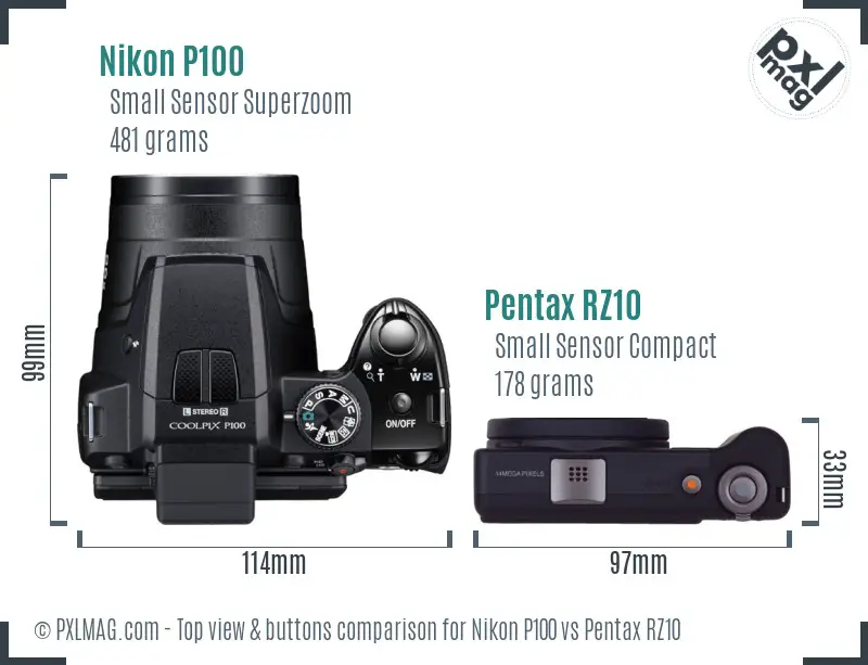 Nikon P100 vs Pentax RZ10 top view buttons comparison