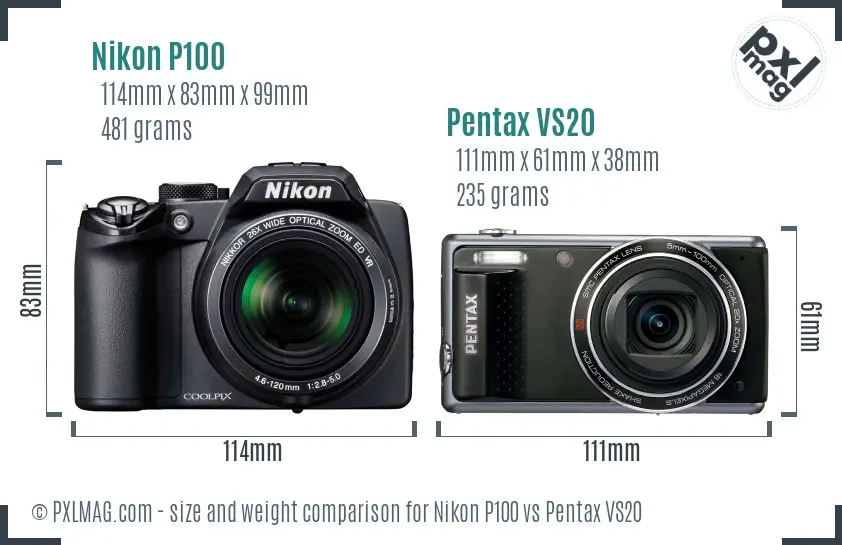 Nikon P100 vs Pentax VS20 size comparison