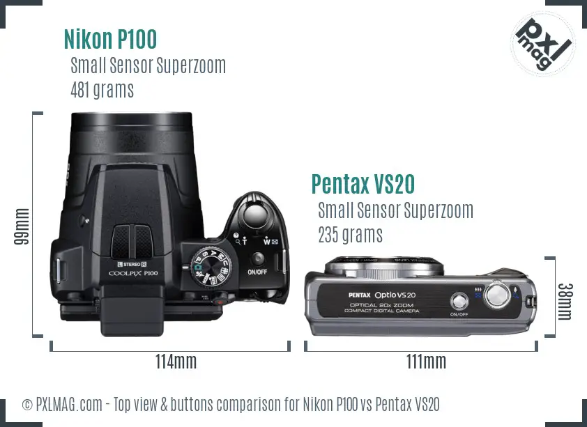 Nikon P100 vs Pentax VS20 top view buttons comparison