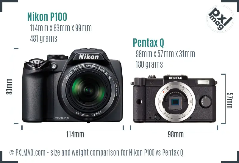Nikon P100 vs Pentax Q size comparison