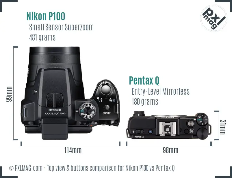 Nikon P100 vs Pentax Q top view buttons comparison