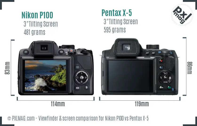 Nikon P100 vs Pentax X-5 Screen and Viewfinder comparison