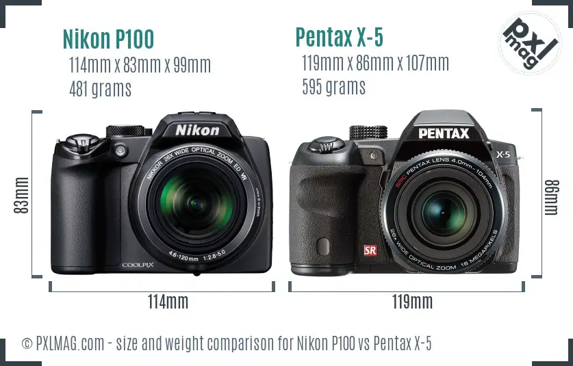 Nikon P100 vs Pentax X-5 size comparison