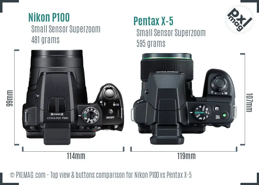 Nikon P100 vs Pentax X-5 top view buttons comparison