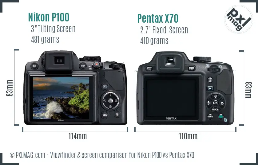 Nikon P100 vs Pentax X70 Screen and Viewfinder comparison