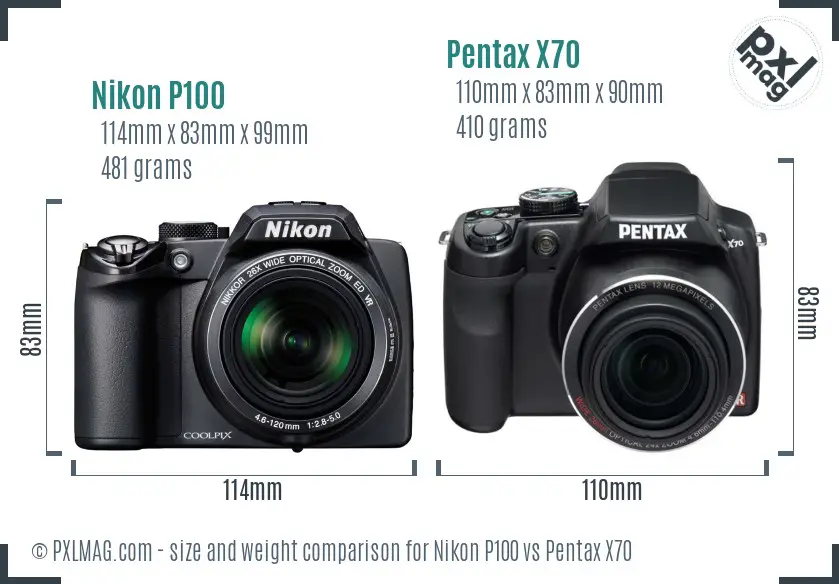 Nikon P100 vs Pentax X70 size comparison