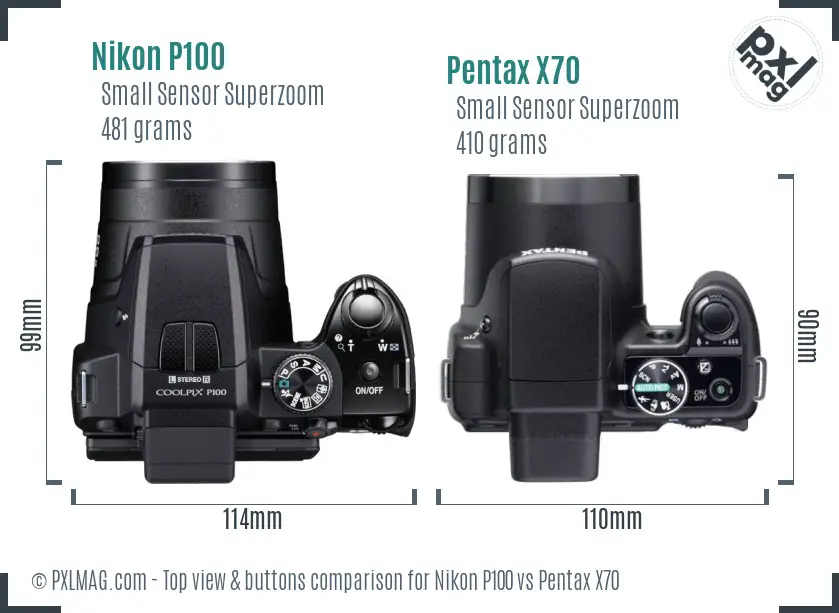 Nikon P100 vs Pentax X70 top view buttons comparison