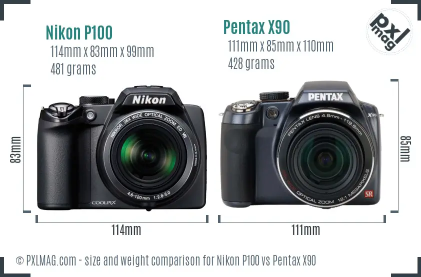 Nikon P100 vs Pentax X90 size comparison