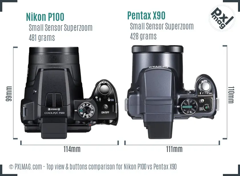 Nikon P100 vs Pentax X90 top view buttons comparison