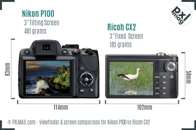 Nikon P100 vs Ricoh CX2 Screen and Viewfinder comparison