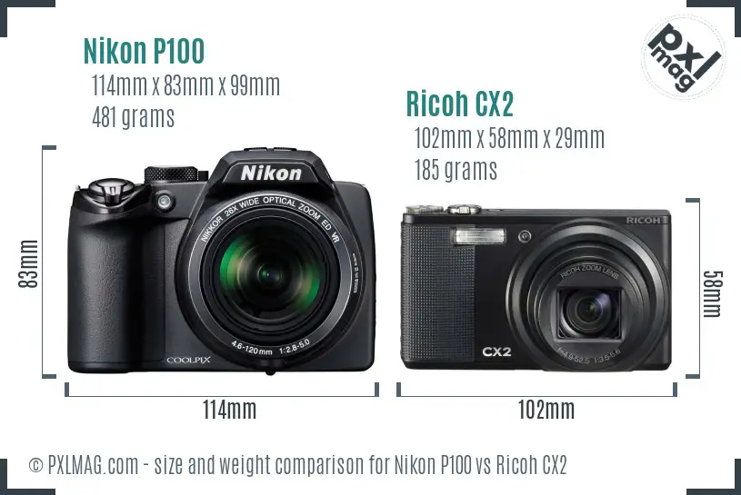 Nikon P100 vs Ricoh CX2 size comparison