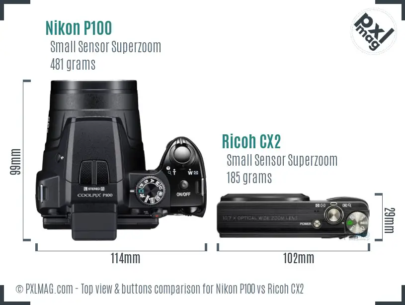 Nikon P100 vs Ricoh CX2 top view buttons comparison