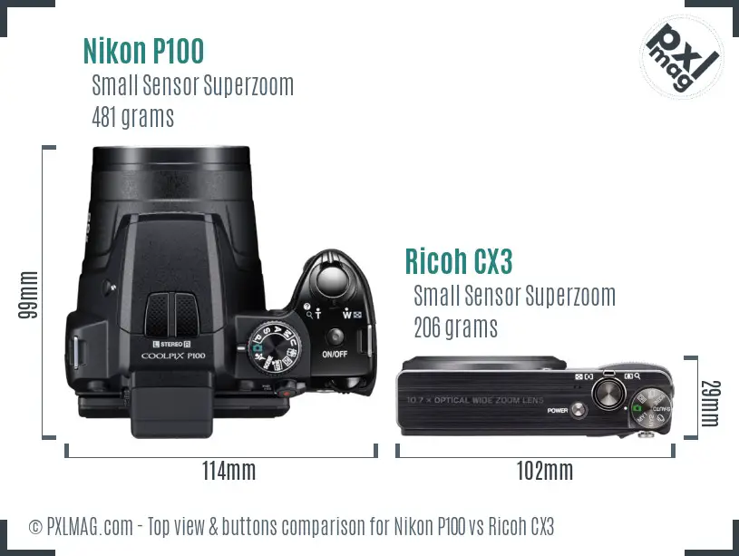 Nikon P100 vs Ricoh CX3 top view buttons comparison Nikon P100 vs Ricoh CX3 top view buttons comparison