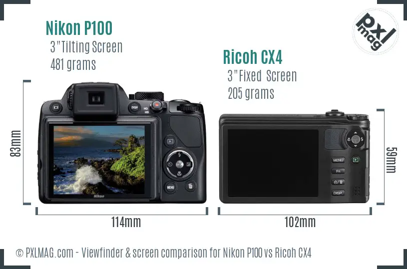 Nikon P100 vs Ricoh CX4 Screen and Viewfinder comparison