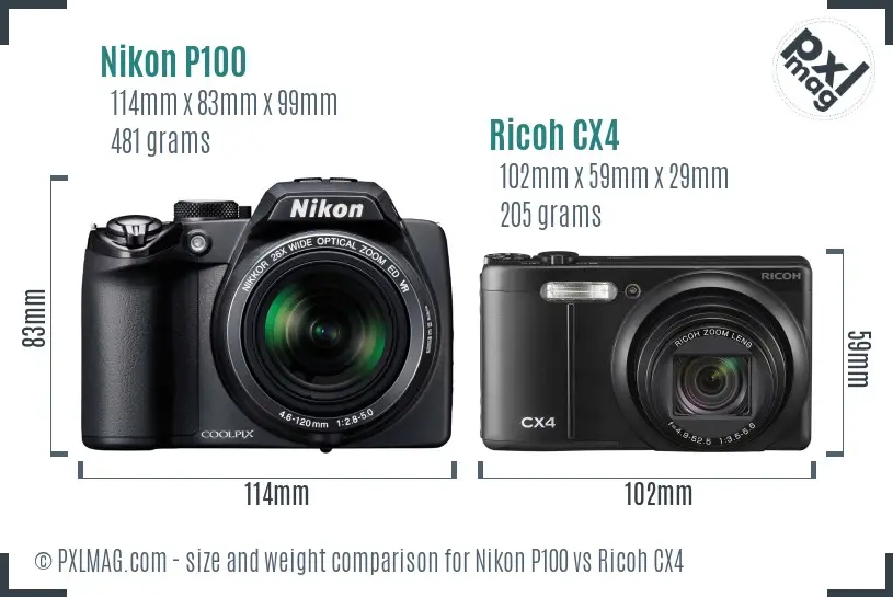 Nikon P100 vs Ricoh CX4 size comparison