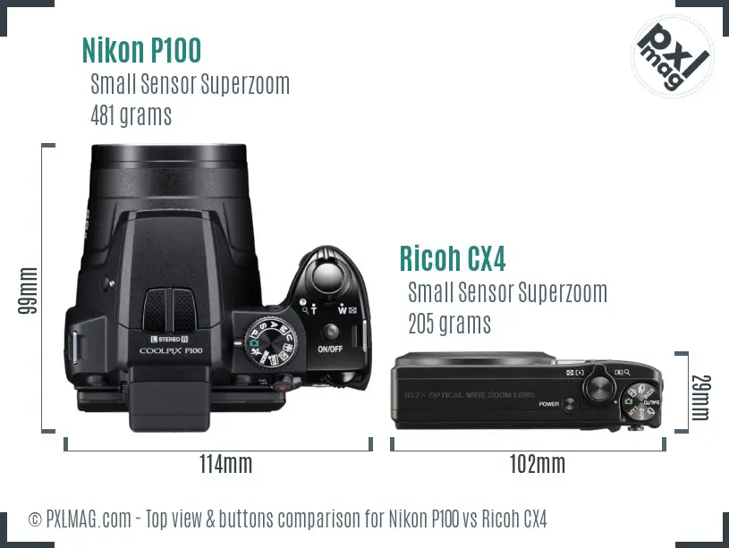 Nikon P100 vs Ricoh CX4 top view buttons comparison