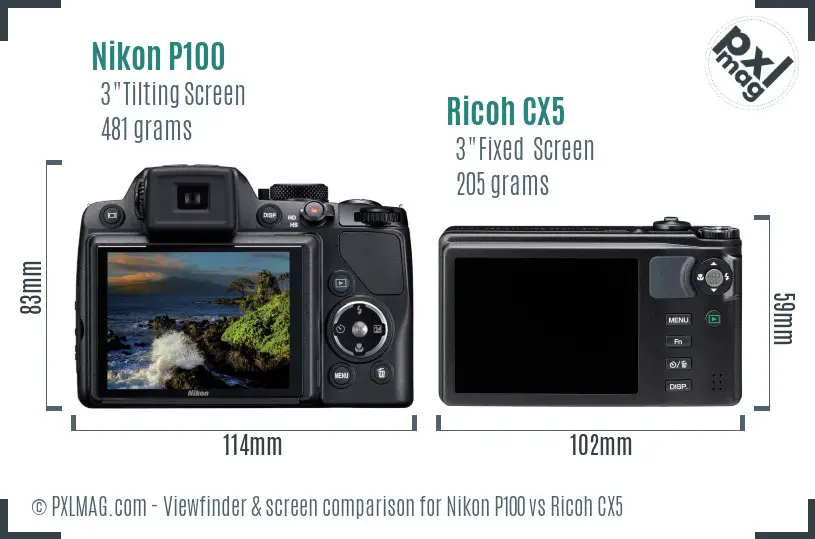 Nikon P100 vs Ricoh CX5 Screen and Viewfinder comparison