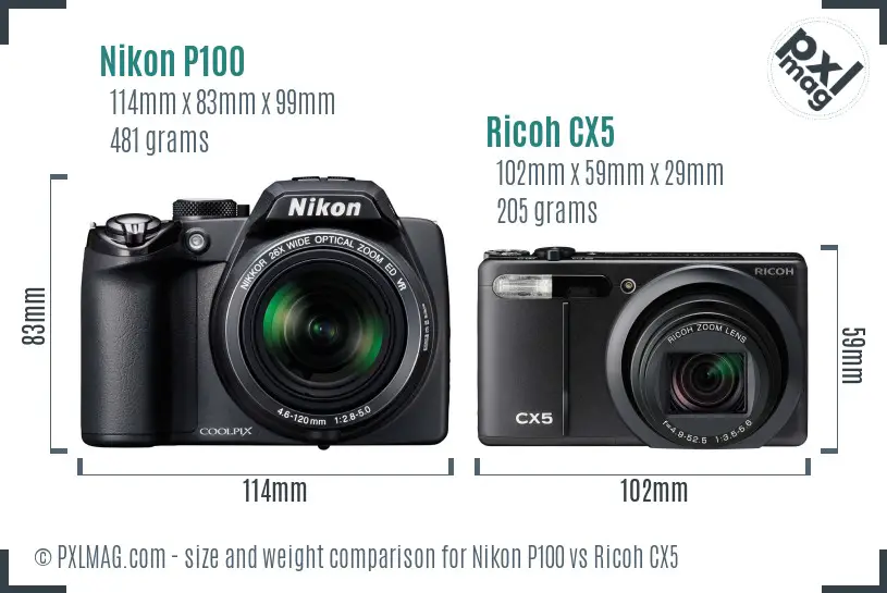 Nikon P100 vs Ricoh CX5 size comparison