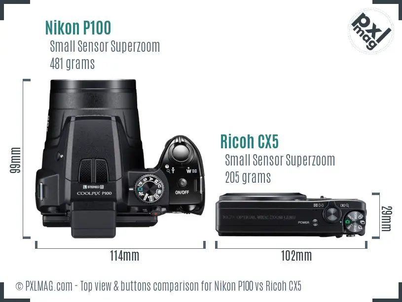 Nikon P100 vs Ricoh CX5 top view buttons comparison