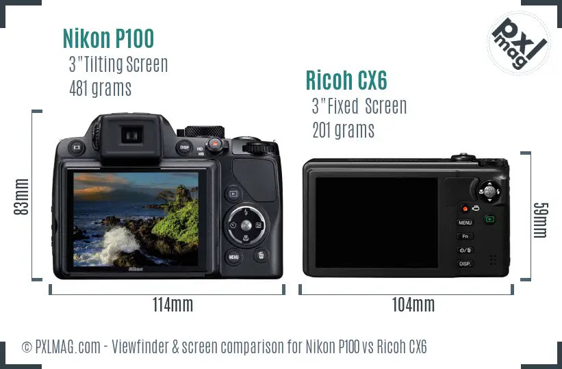 Nikon P100 vs Ricoh CX6 Screen and Viewfinder comparison
