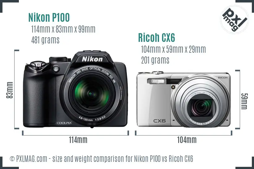 Nikon P100 vs Ricoh CX6 size comparison