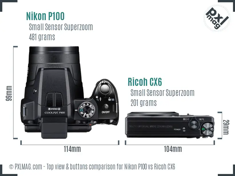 Nikon P100 vs Ricoh CX6 top view buttons comparison