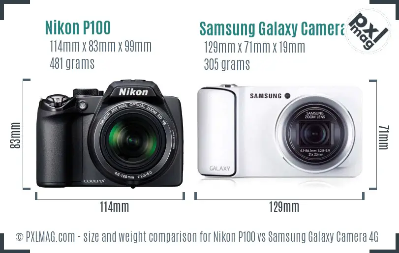 Nikon P100 vs Samsung Galaxy Camera 4G size comparison
