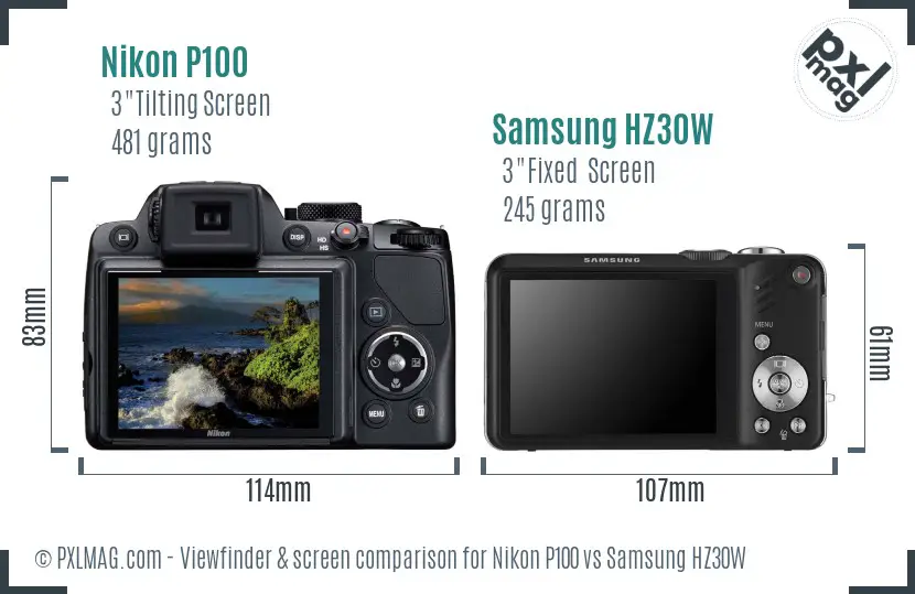 Nikon P100 vs Samsung HZ30W Screen and Viewfinder comparison