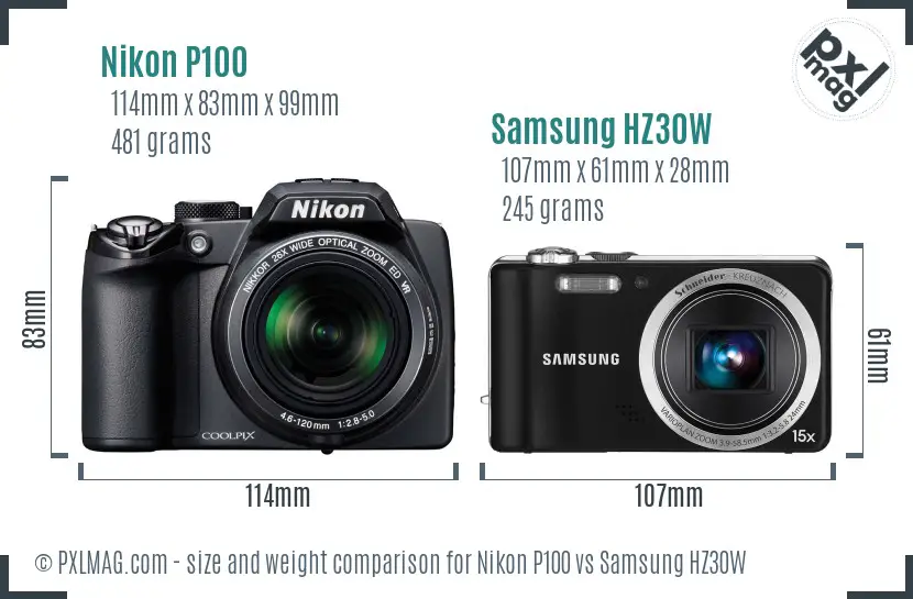 Nikon P100 vs Samsung HZ30W size comparison